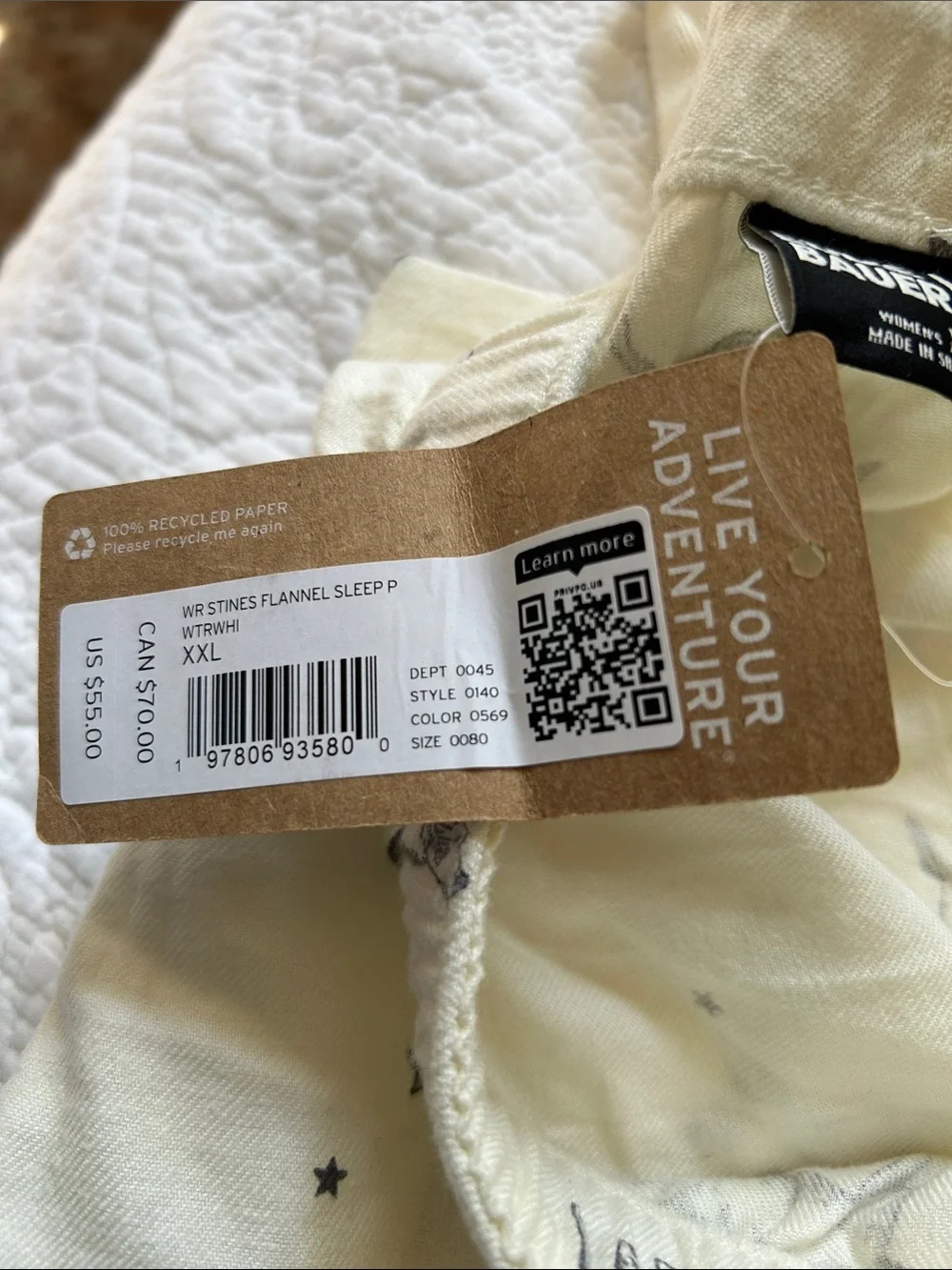 NWT Eddie Bauer cream colored cotton flannel pajama bottoms with black Dog Print